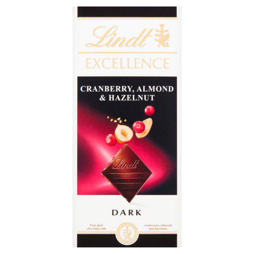 LINDT EXCELLENCE DARK ALMOND, HAZELNUT & CRANBERRY 100G