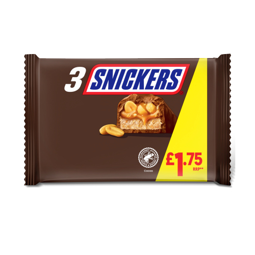 SNICKERS CARAMEL, NOUGAT, PEANUTS & MILK CHOCOLATE BAR PMP £1.75 3PK 125.1G