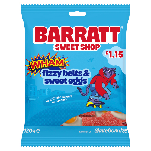 BARRATT SWEET SHOP WHAM FIZZY BELTS & SWEET EGGS PMP £1.15 120G
