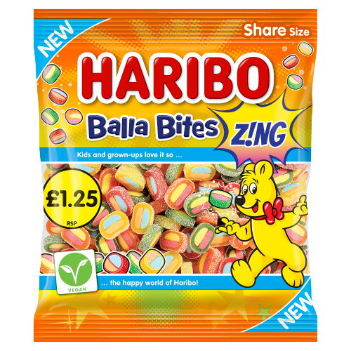 HARIBO BALLA BITES VEGAN FRIENDLY ZING PMP £1.25 140G- LAUNCH JUNE-2026