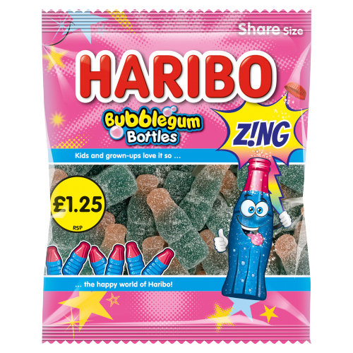 HARIBO BUBBLEGUM BOTTLES Z!NG BAG PMP £1.25 140G
