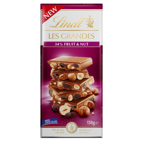 LINDT LES GRANDES MILK CHOCOLATE 34% FRUIT & NUT BAR 150G