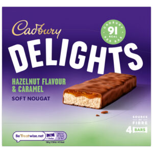 CADBURY DELIGHTS SOFT NOUGAT HAZELNUT FLAVOUR & CARAMEL BARS 4PK 88G