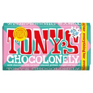 TONY'S CHOCOLONELY MILK CHOCOLATE WITH CARAMEL, ALMOND,PRETZEL, NOUGAT & SEA SALT BLOCK 180G
